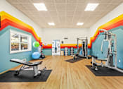 Thumbnail 17 of 34 - a fitness room with exercise equipment and colorful walls
