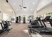 Thumbnail 7 of 38 - A gym with a variety of equipment including treadmills, weights, and a fan.