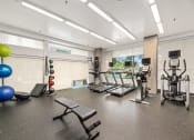 Thumbnail 17 of 27 - a gym with cardio equipment and weights on the floor