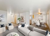Thumbnail 2 of 29 - a living room with couches and chairs and a dining table