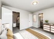 Thumbnail 6 of 15 - a bedroom with a large bed and a dresser with a mirror