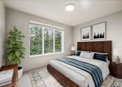 Thumbnail 3 of 32 - A bedroom with a large bed and a window overlooking a forest.