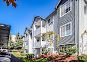 Thumbnail 4 of 24 - A row of modern apartment buildings with trees and shrubs in front.