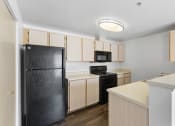 Thumbnail 5 of 29 - a kitchen with a black refrigerator and a stove and