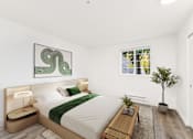 Thumbnail 3 of 25 - A bedroom with a large bed and a green abstract painting above it.