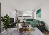Thumbnail 7 of 22 - a living room with a green couch and a large window