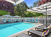 Thumbnail 5 of 38 - A pool surrounded by trees and chairs.