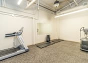 Thumbnail 5 of 16 - A treadmill is on the left side of a room with a mirror and a row of springs on the right.