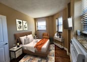 Thumbnail 7 of 43 - A bedroom with a bed, nightstand, and window.