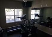 Thumbnail 9 of 11 - A gym with treadmills, elliptical machines, and a television.