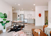 Thumbnail 4 of 22 - A living room with a dining table and chairs, a couch, and a potted plant.