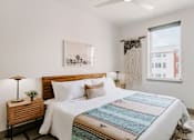Thumbnail 5 of 22 - A bedroom with a large bed and a wooden nightstand.