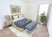 Thumbnail 1 of 25 - A bedroom with a bed, a bench, and a potted plant.