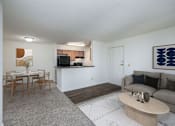 Thumbnail 1 of 10 - A living room with a couch, a dining table, and a television.