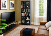 Thumbnail 10 of 16 - A living room with a brown leather couch, a black television, a brown ottoman, a bookshelf, and a ceiling fan.