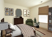 Thumbnail 10 of 19 - a bedroom with a bed and a chair and a dresser