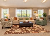 Thumbnail 14 of 50 - A living room with a patterned chair, a sofa, a coffee table, and a rug.