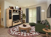 Thumbnail 9 of 19 - a living room with a green couch and a television