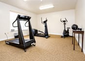 Thumbnail 19 of 19 - A room with a treadmill, two stationary bikes, and a ball.
