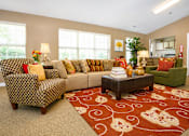 Thumbnail 17 of 19 - A living room with a patterned rug and a brown sofa.