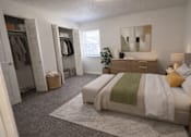 Thumbnail 9 of 18 - A bedroom with a bed, nightstand, and a wardrobe.