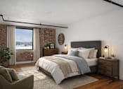 Thumbnail 1 of 9 - A bedroom with a large bed, a chair, and a window with a view.