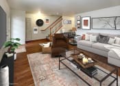 Thumbnail 1 of 12 - a living room with a couch and a chair and a table