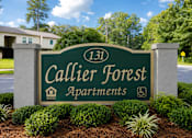 Thumbnail 4 of 4 - A sign for Callier Forest Apartments is displayed in front of a building.