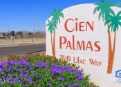 Thumbnail 1 of 9 - a sign for a cien palmas with purple flowers