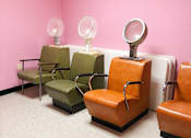 Thumbnail 2 of 6 - Three chairs and two mirrors in a room.