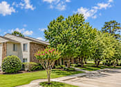 Thumbnail 12 of 33 - A house with a green lawn and a tree with pink flowers in front.