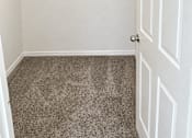 Thumbnail 11 of 15 - A white closet with a carpeted floor and a white door.