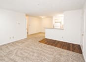 Thumbnail 6 of 9 - A room with a carpeted floor and a wooden floor in the middle.