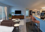 Thumbnail 1 of 12 - a living room with a couch and a table and a television