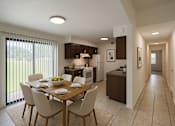 Thumbnail 21 of 47 - A modern kitchen with a dining table set for four.