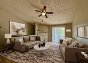 Thumbnail 8 of 47 - A living room with a brown couch, a white coffee table, and a ceiling fan.