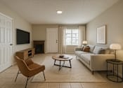 Thumbnail 5 of 47 - A living room with a brown chair and a white couch.