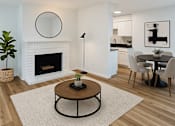 Thumbnail 7 of 47 - A modern living room with a fireplace and a dining area.