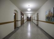 Thumbnail 94 of 100 - A long hallway with doors on both sides and a painting on the wall.