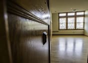 Thumbnail 27 of 100 - A dark wooden door with a handle in the foreground and a brightly lit room in the background.