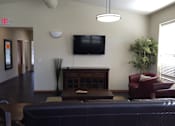 Thumbnail 10 of 15 - A living room with a couch, a television, and a plant.