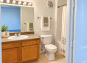 Thumbnail 14 of 14 - A bathroom with a toilet, sink, and mirror.