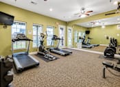Thumbnail 28 of 46 - A spacious gym with treadmills, elliptical machines, and a fan.
