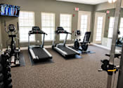 Thumbnail 20 of 46 - A gym with treadmills, elliptical machines, and a television.