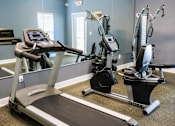 Thumbnail 9 of 14 - A treadmill and two stationary bikes are in a gym.