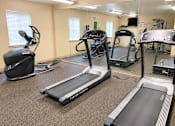 Thumbnail 7 of 9 - A gym with treadmills and elliptical machines.