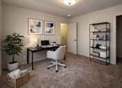Thumbnail 6 of 14 - A room with a desk, chair, and shelves.