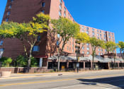 Thumbnail 1 of 14 - a city street in front of a tall brick building with trees