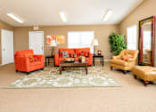 Thumbnail 7 of 8 - A living room with orange chairs and a rug.