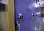 Thumbnail 15 of 39 - A purple door with a silver handle and a lock.